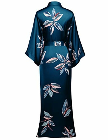 BABEYOND Damen Morgenmantel Blätter Muster Maxi Lang Robe Kimono Sommer Satin Bademantel Damen Strandkleid Leicht Schlafmantel (Dunkelgrün, Einheitsgröße) - 2