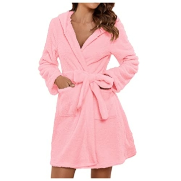 Alueeu Kurz Bademantel Damen Frottee Baumwolle Flauschig mit Kapuze Rosa Morgenmantel Hausmantel Frotteemantel Robe Negligee Saunakilt Morgenrock Nachtwäsche Bathrobe Kimono Reisebademantel - 1