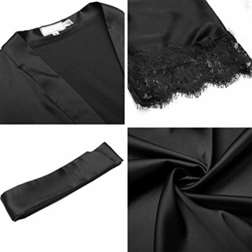 BeautyUU Damen Morgenmantel Kimono Bademantel Satin Nachthemd Nachtwäsche Schlafanzüge Mit Blumenspitze, 1-schwarz, M - 5