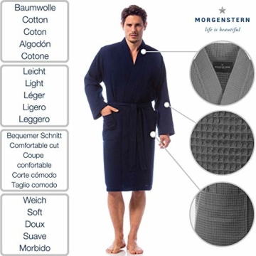 Morgenstern Waffelpique Bademantel Herren Morgenmantel Blau leicht Männer Duschmantel Kimono Reisebademantel Dunkelblau Baumwolle dünn kurz Größe XL - 3