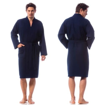 Morgenstern Waffelpique Bademantel Herren Morgenmantel Blau leicht Männer Duschmantel Kimono Reisebademantel Dunkelblau Baumwolle dünn kurz Größe XL - 4