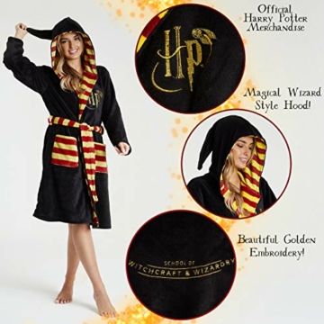 Harry Potter Bademantel Damen mit Kapuze, Kuschelig Morgenmantel Unisex, Hogwarts Geschenke für Herren, Damen und Jugendliche, Nachtwäsche aus Weichem Fleece (Schwarz, S) - 2