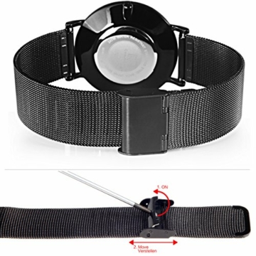 Alienwork IK All Black Armbanduhr Herren Damen schwarz Metall Mesh Armband Edelstahl Ultra-flach - 6