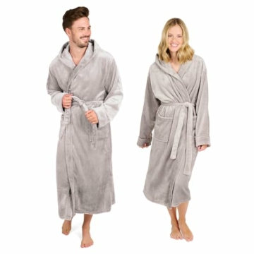 Blumtal Bademantel Damen und Herren - kuschelig weicher Fleece Bademantel mit Kapuze & praktischen Fronttaschen, Oeko-TEX® Zertifiziert, Größe L, Farbe Grau - 1