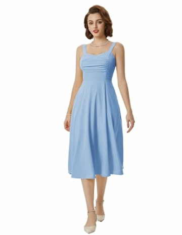 Damen Elegant Blumenkleid Spaghetti Midikleid A-Linie Partykleid Festlich Cocktailkleid Blau S - 2