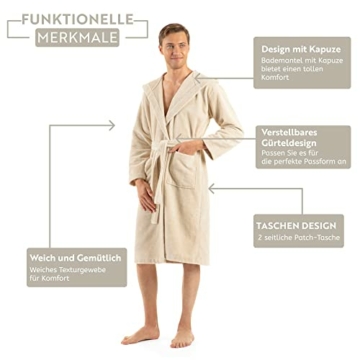 ENGLISH HOME Bademantel Damen Flauschig, Bademantel Herren mit Kapuze aus Baumwolle, Frottee Saunamantel, Unisex, Sauna Mantel Damen mit lang Gürtel - 2