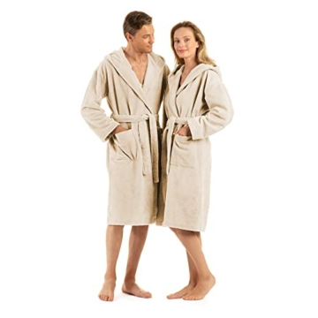 ENGLISH HOME Bademantel Damen Flauschig, Bademantel Herren mit Kapuze aus Baumwolle, Frottee Saunamantel, Unisex, Sauna Mantel Damen mit lang Gürtel - 1