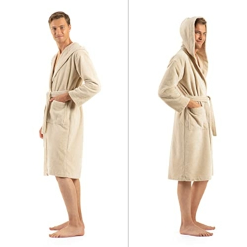 ENGLISH HOME Bademantel Damen Flauschig, Bademantel Herren mit Kapuze aus Baumwolle, Frottee Saunamantel, Unisex, Sauna Mantel Damen mit lang Gürtel - 5