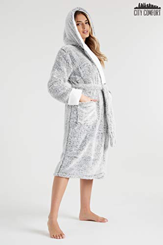 CityComfort Bademantel Damen Flauschig, Fleece Morgenmantel Damen Dressing Gown Women (Zweifarbiges Grau, M) - 4