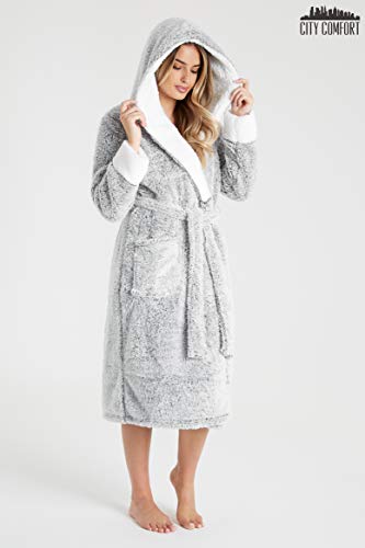 CityComfort Bademantel Damen Flauschig, Fleece Morgenmantel Damen Dressing Gown Women (Zweifarbiges Grau, M) - 5