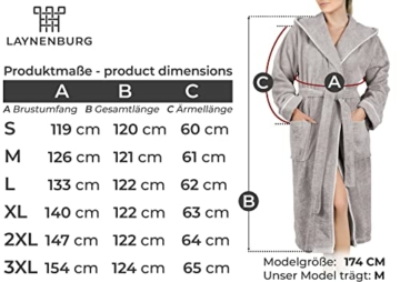 LAYNENBURG Bademantel Damen Frottee - Kapuze - Lang - 100% Baumwolle (360g/m2) - OEKO TEX Standard 100 - Größe (S, Grau) - 6