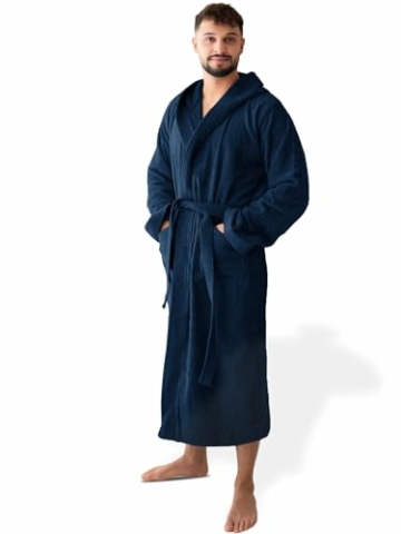 SIEGENTHAL® Herren Bademantel Frottee Velour 100% Baumwolle mit Kapuze Flauschig - Dunkelblau M - L - 8