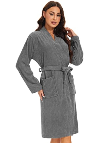 Ymmchy Weicher Bademantel Damen Frottee Morgenmantel Leichte Saunamantel Women Sauna Robe Grau XL - 2